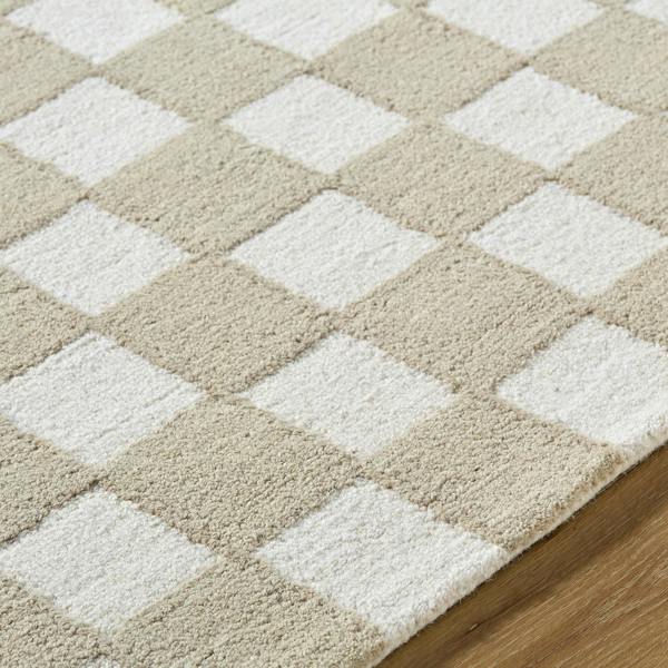 Livabliss Klopp-Hand Tufted Beige Ivory Wool Checkered Fringe Rug