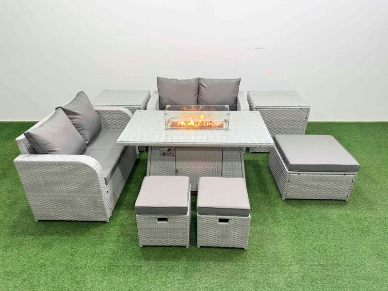 Fimous 7 Seater Outdoor Love Sofa Set Rattan Garden Furniture Set with Fire Pit Dining Table 3 Footstool 2 Side Tables Light Grey