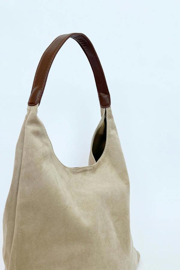 Suede Hobo Shoulder Bag in Beige - svnx