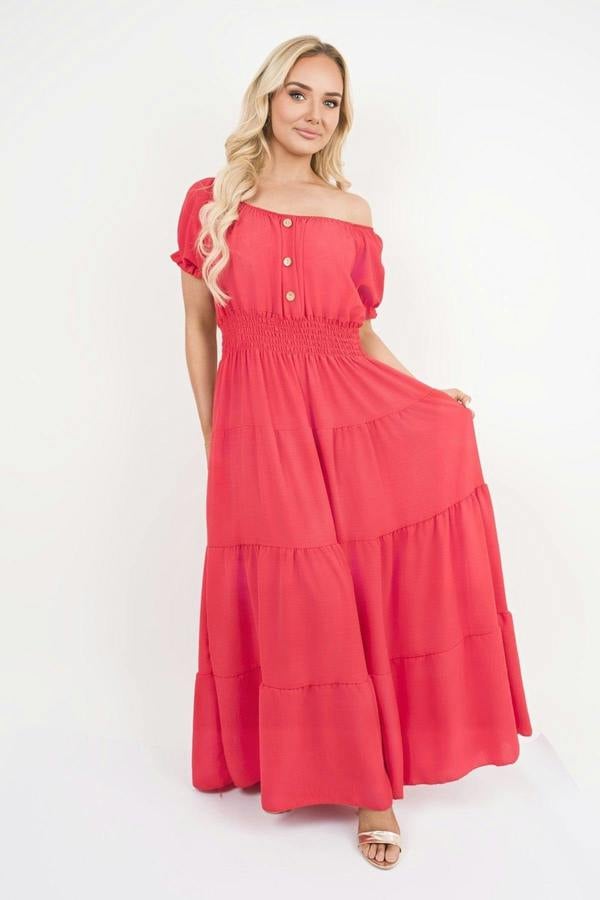 Emmy Smocked Waist Tiered Midi Dress - Red