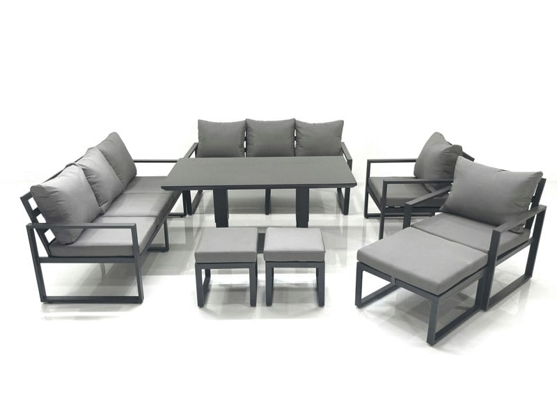Fimous Garden Sofa Set Aluminium Furniture Rising Dining Tabe Set with 2 Chair 3 Footstools Dark Grey