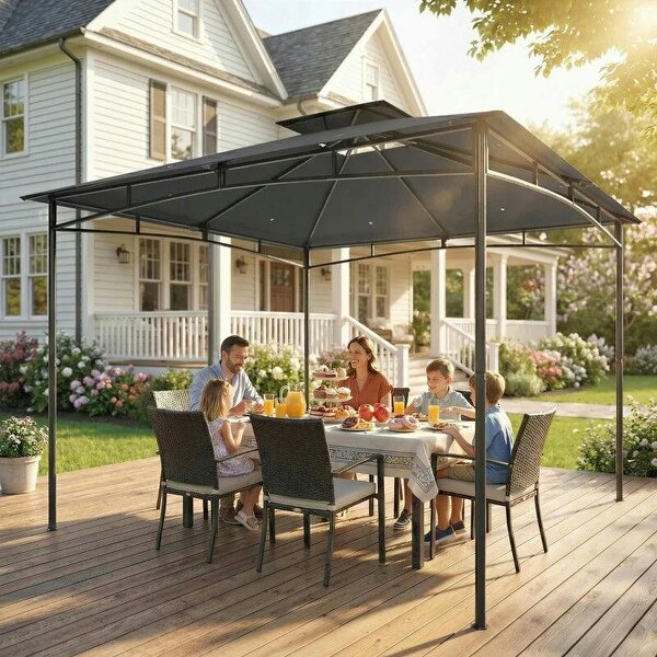 3 x 3 m Gazebo, Garden Gazebo with 2-Tier Roof, Metal Frame, Dark Grey