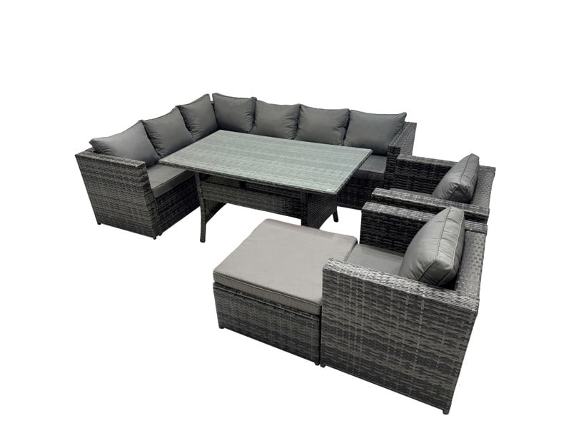 Fimous Outdoor PE Rattan Sofa Set with Dining Table Patio Garden Furniture Sets with 2 Chairs Big Stool Dark Grey Mixed