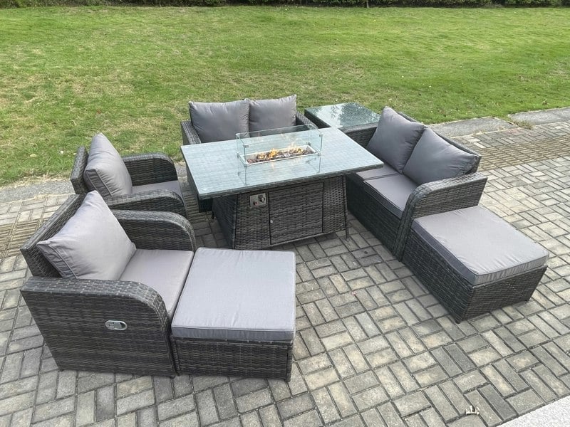 Fimous 8 Seater Rattan Garden Furniture Set Outdoor Propane Gas Fire Pit Table and Sofa Chair set with Side Table 2 Big Footstool