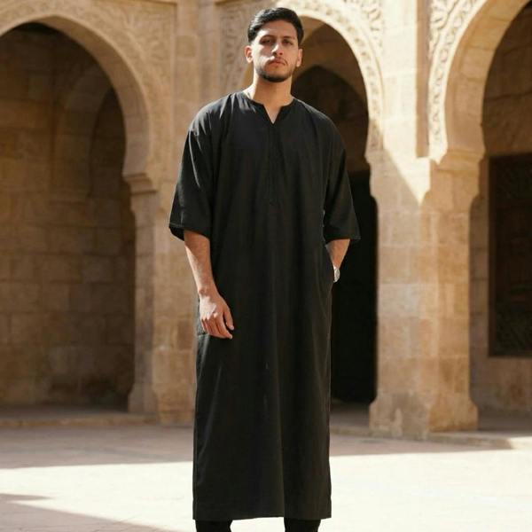 TT-006 - Men's Emirati Omani Half Sleeve Thobe - Black - Thobez - 16