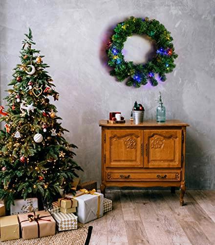 55cm Green Alaskan Pine Pre-Lit Christmas Wreath with Multicolour LEDs, PVC Finish image 4