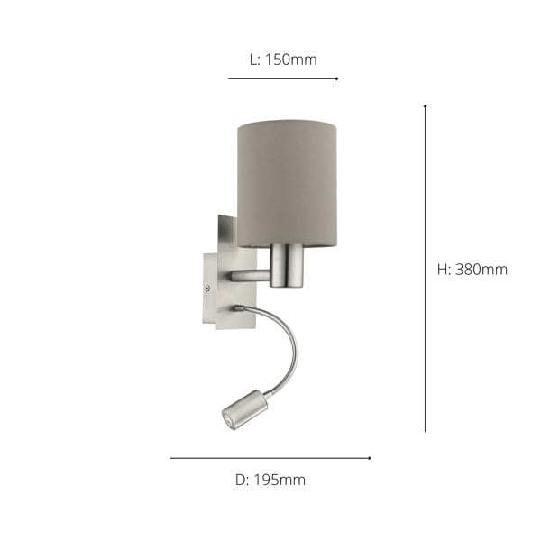 EGLO Pasteri Taupe Fabric LED Wall Lamp With Reading Light