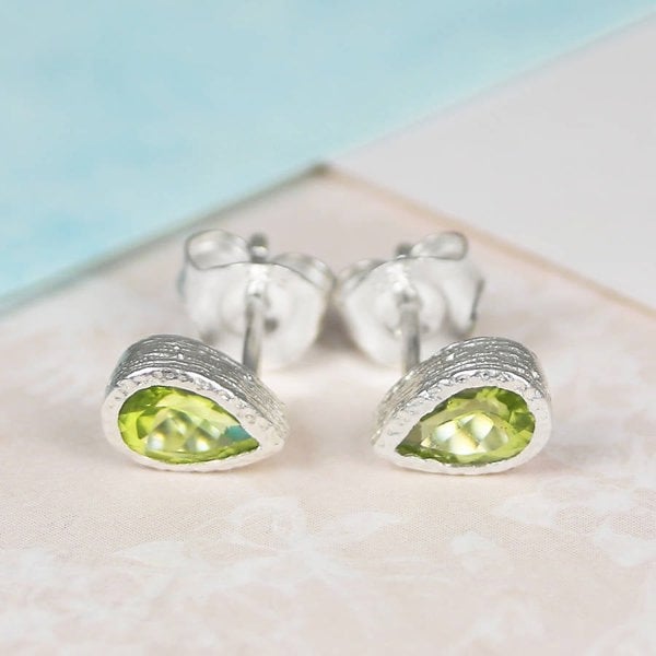 Peridot Teardrop Sterling Silver August Birthstone Stud Earrings