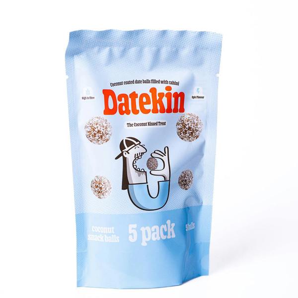 Blue packaging of Datekin coconut snack balls with red and white text on a white background