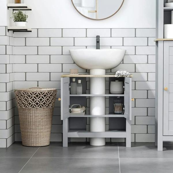 Grey bathroom vanity cabinet with open shelving under white sink basin