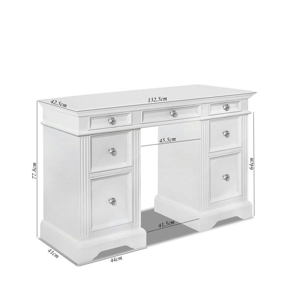 Statement Furniture Gainsborough White Pedestal Dressing Table with Crystal Handles- White