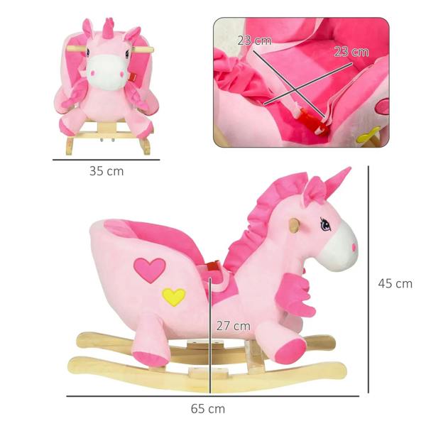Pink unicorn rocking horse ride-on with safety belt and wooden rocking base
