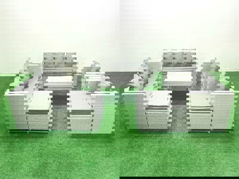 Fimous Outdoor Garden Furniture Rattan Sofa Set with 2 Armchairs Oblong Coffee Table 2 Big Footstools Light Grey Mixed