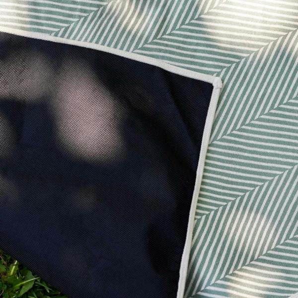 Close-up of the black waterproof underside of a herringbone blanket.