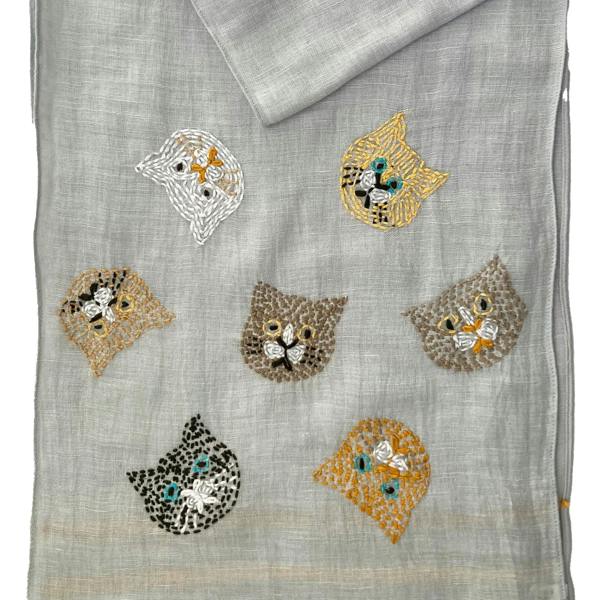 Hayley & Co Hand Embroidered 100% Linen Scarf with Cat face design