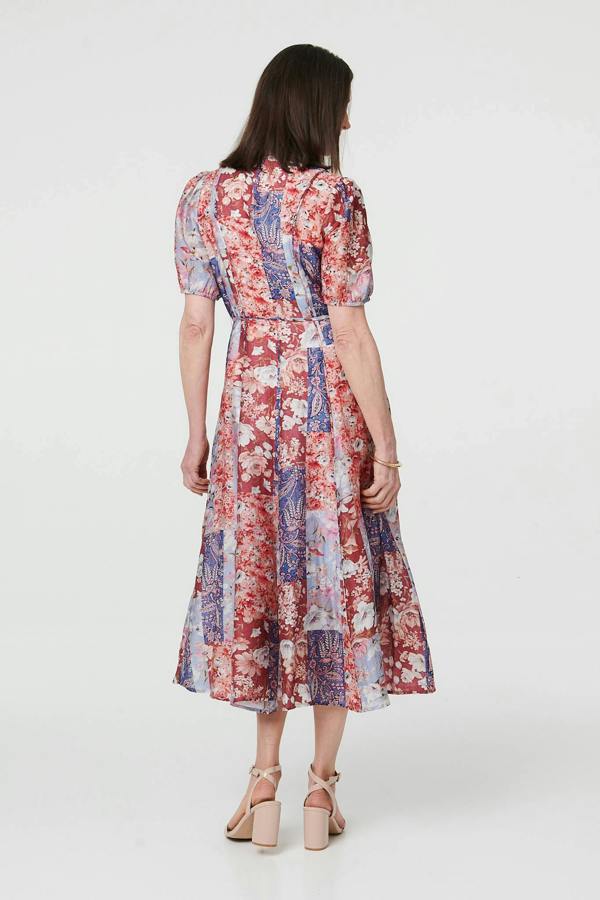 Red | Patchwork 1/2 Puff Sleeve Midi Dress