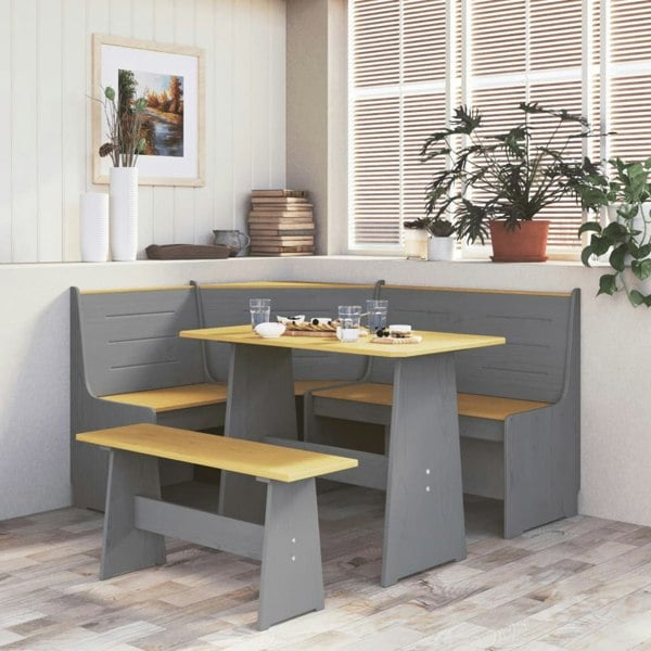 Berkfield Dining Table with Bench Honey Brown and Grey Solid Pinewood