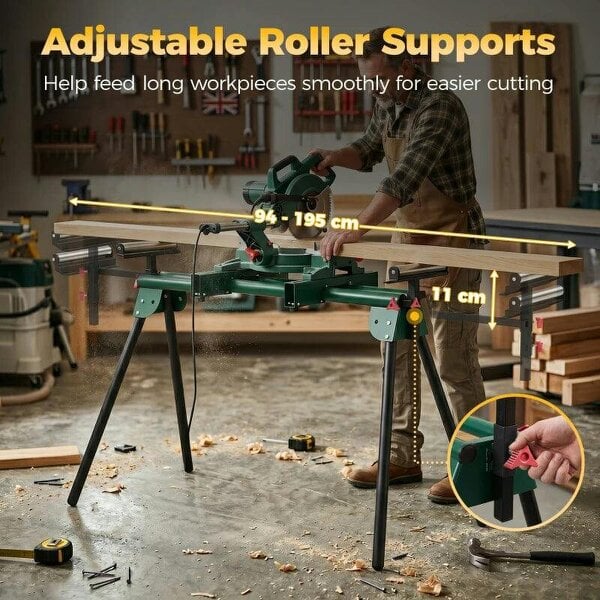Universal Mitre Saw Stand with Adjustable Rollers and Support Arms, Portable Miter Saw Stand with Folding Legs