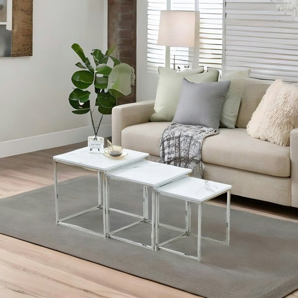 Rafaelo Mobilia Set Of 3 Faux Marble Nesting Tables White