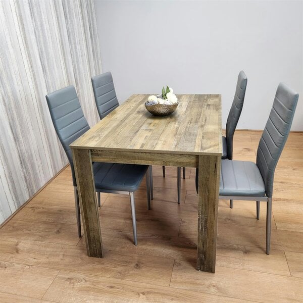 Kosy Koala Dining Table and 4 Chairs Rustic Effect Wood Table 4 Grey Leather Chairs Dining Room