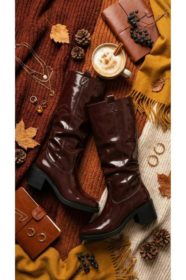 Verira Patent Knee High Block Heel Boots - Wine