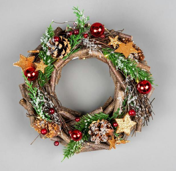 22cm Battery Operated LED Twig Wreath in Red and Brown with Warm White Lights image 1