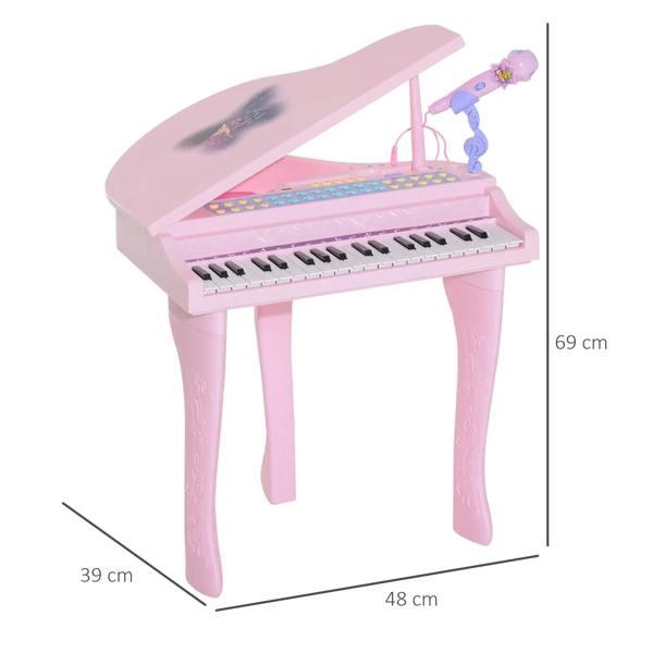 Pink mini electronic keyboard with stool, size view and microphone on top