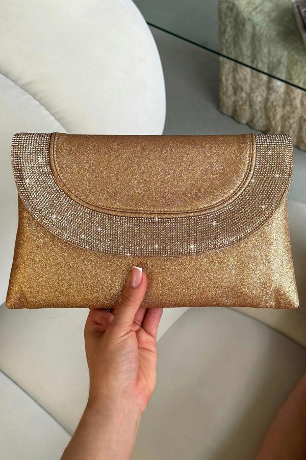 Glitter Luxe Metallic Crystal Envelope Clutch Bag Rose Gold featuring a glitter-finish exterior and elegant crystal detailing.