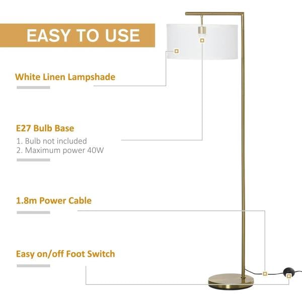 Gold standing floor lamp with white linen lampshade and foot switch