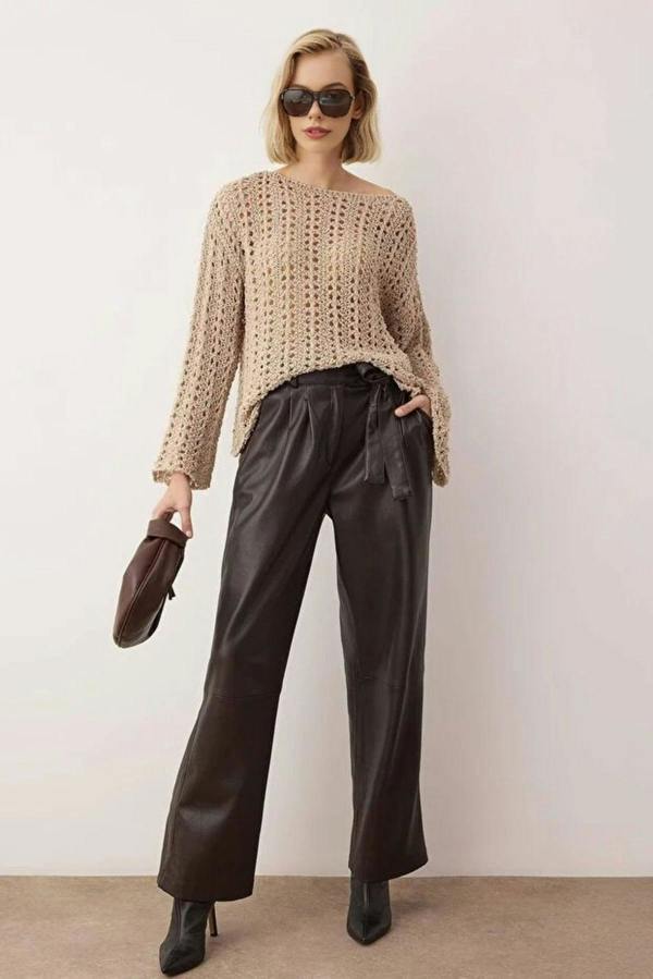 WOVCOR Openwork Boat Neck Knit Sweater