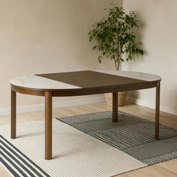 Wyld Haus Cork Round Extendable Cream Ceramic Dining Table Oak Veneer Base