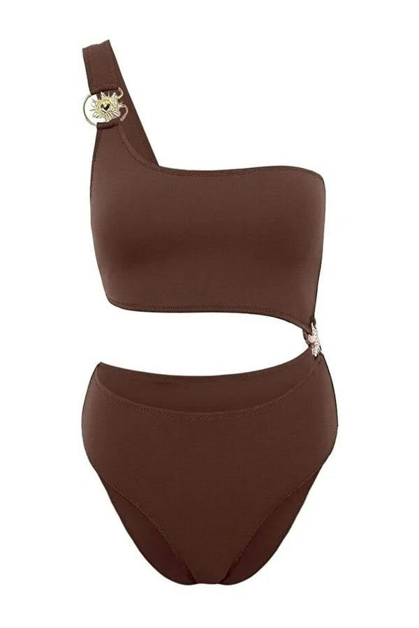 WOVCOR One-Shoulder Premium Cut-Out Detail Regular Swimsuit with Sun Accessory