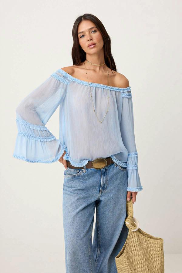 WOVCOR Carmen Neck Ruffle Detail Sheer Woven Blouse