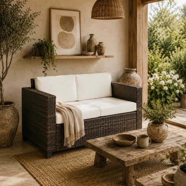 Wyld Haus Sese Rattan Brown 2 Seater Outdoor Sofa with White Cushions