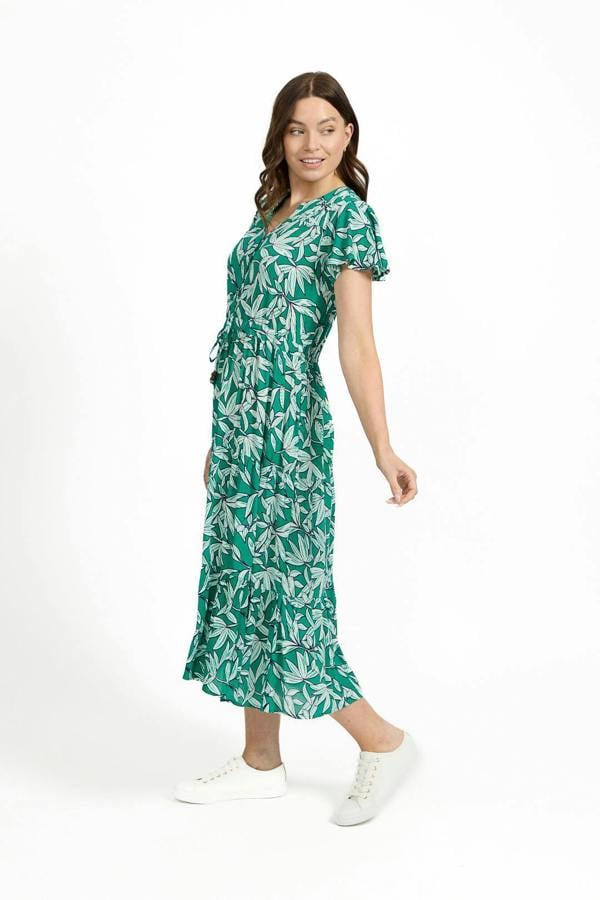 Mudflower Leaf Print Button-Up Elasticated Tie-Front Flared Midi Dress
