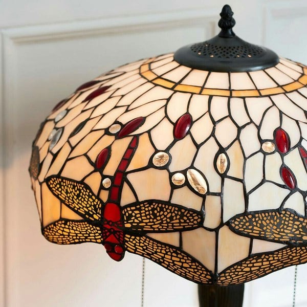 Tiffany Glass Table Lamp Light Dark Bronze & Cream Red Dragonfly Shade i00188 Loops
