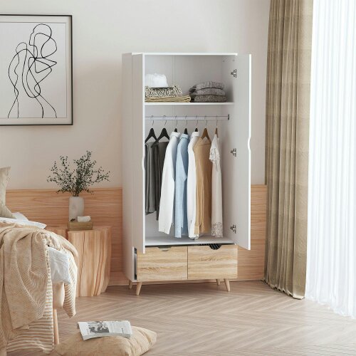 Wyld Haus Belamar White and Natural 2 Door Wardrobe With Hanging Rail 2 Drawers And Wooden Legs