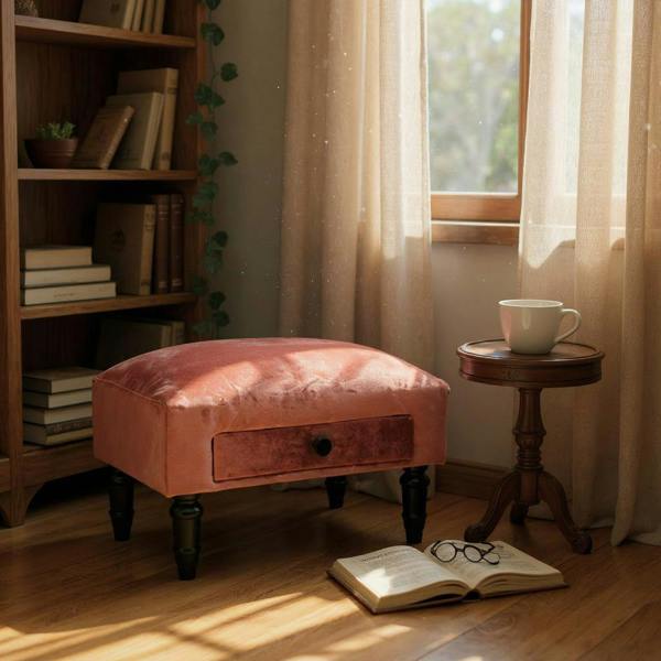 PINK VELVET FOOTSTOOL WITH DRAWER