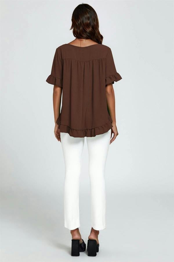 FS Collection Frill Detail Short Sleeves Top In Brown