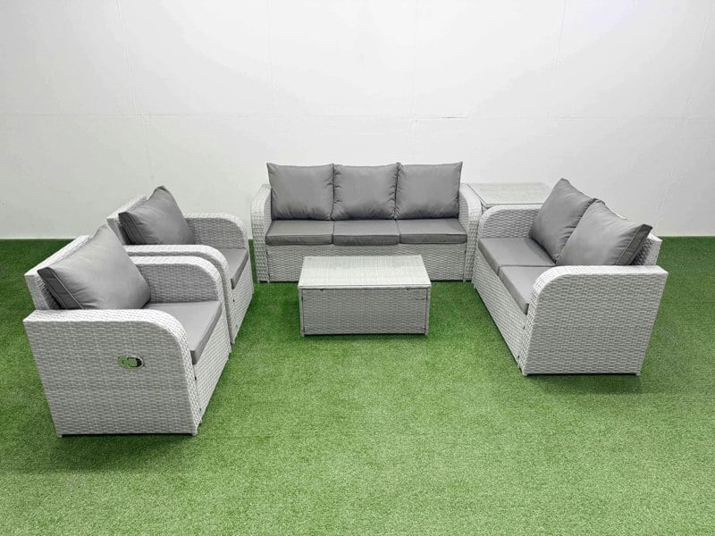 Fimous PE Rattan Garden Furniture Set Adjustable Chair Sofa Double Love Seat 2 Seater Sofa Lounge Set Oblong Coffee Table Side Table Light Grey