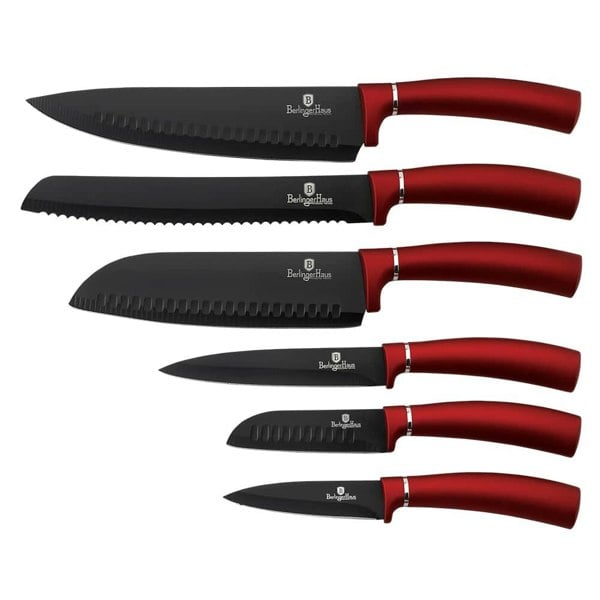 Berlinger BH/2542 Burgundy Kitchen Knife Set - All six knives displayed on a clean white background.