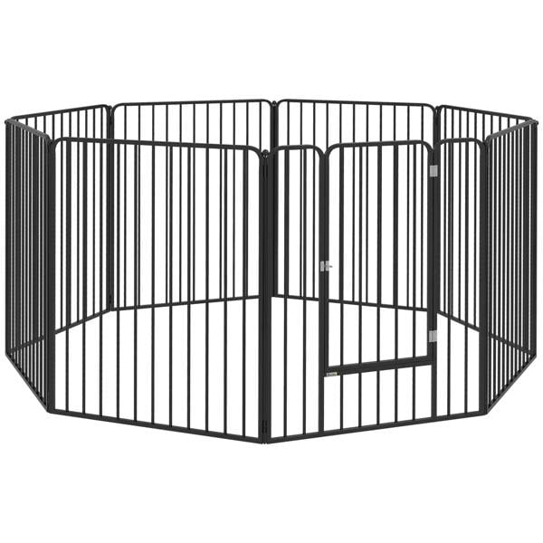 Black metal dog pen enclosure with hinged gate and rounded panels, wire-bar walls