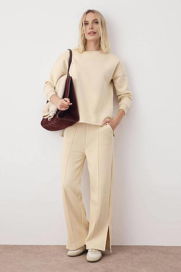 WOVCOR 2-Piece Crew Neck Oversized Knit Top & Wide Leg Pants Set