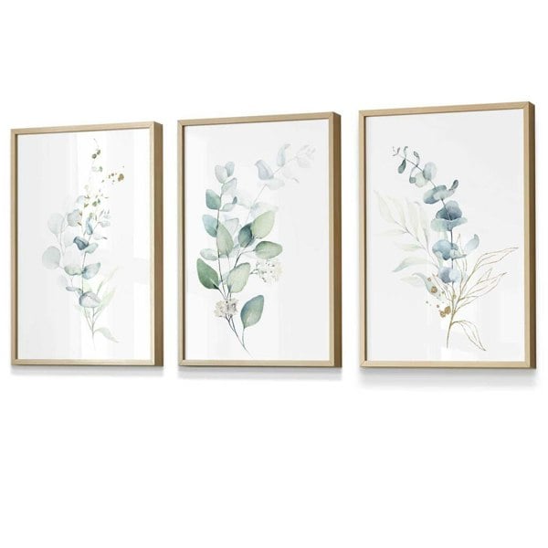 Artze Wall Art Set of 3 Framed Eucalyptus Blue Green and Gold Splash Prints