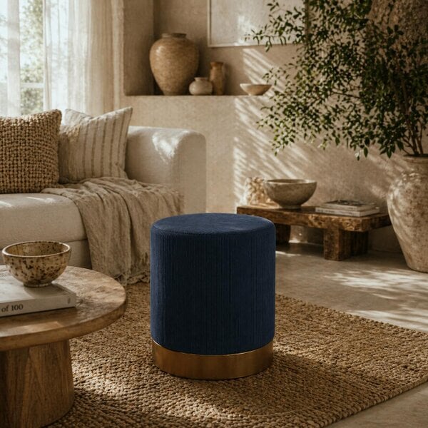 Wyld Haus Tamo Bala Corduroy Dark Blue Soft Padded Footstool Gold Accent