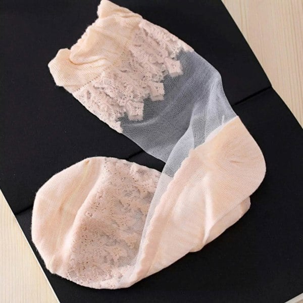 Anysox Anyfootwear 5 Pairs Size 5-9 Fashion Socks Summer Lace Embroidery Breathable Silk Transparent Glass Crystal Stretch for Women Pink