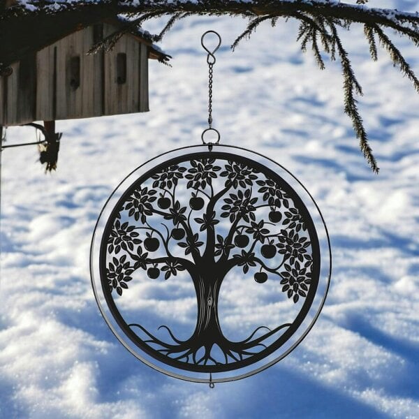 EDH Door Hardware Black Metal Apple Tree Hanging Silhouette Orbit Spinner – 39cm x 23cm | Wind Spinner for Garden, Patio & Home Décor