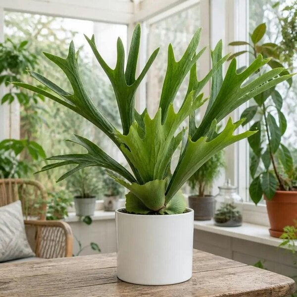 Platycerium Bifurcatum Staghorn Fern – Unique Antler-Shaped Foliage Indoor Houseplant - Sofia Glossy White Ceramic