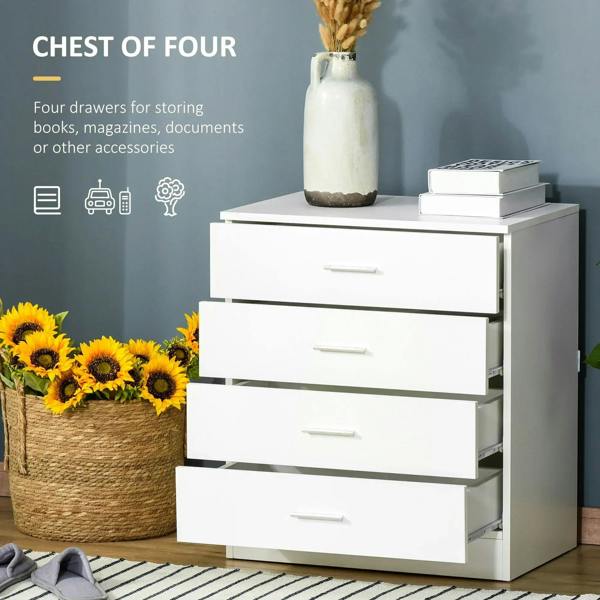 White four-drawer storage cabinet with bar pulls and wide top surface.
