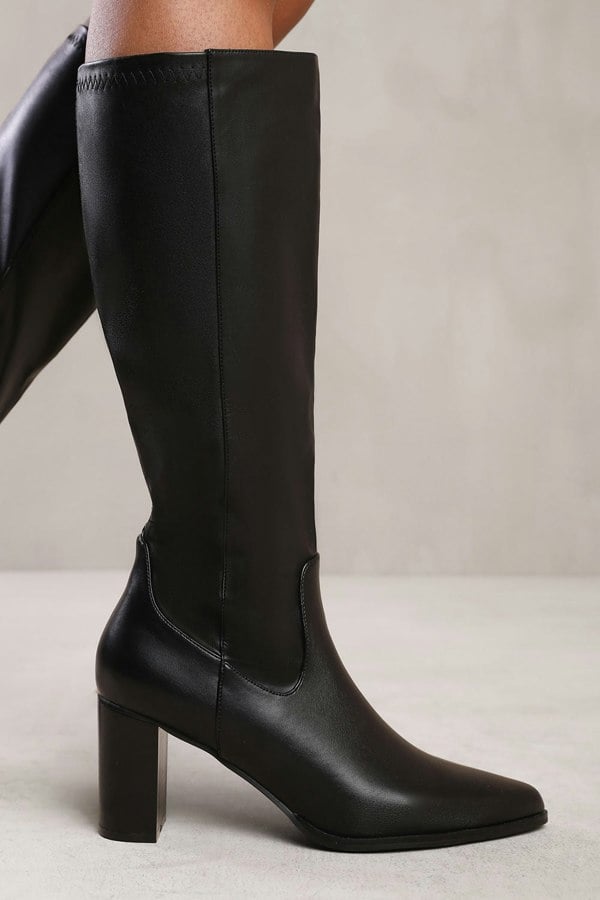 Where's That From Hawthorn Block Heel Knee High Boots With Stitch Detail in Black Faux Leather